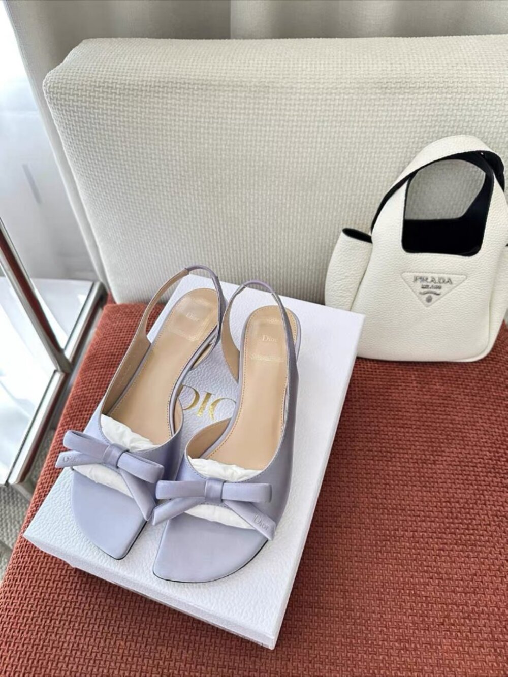 Dior Lavender Satin Bow Square Toe Slingback Heels